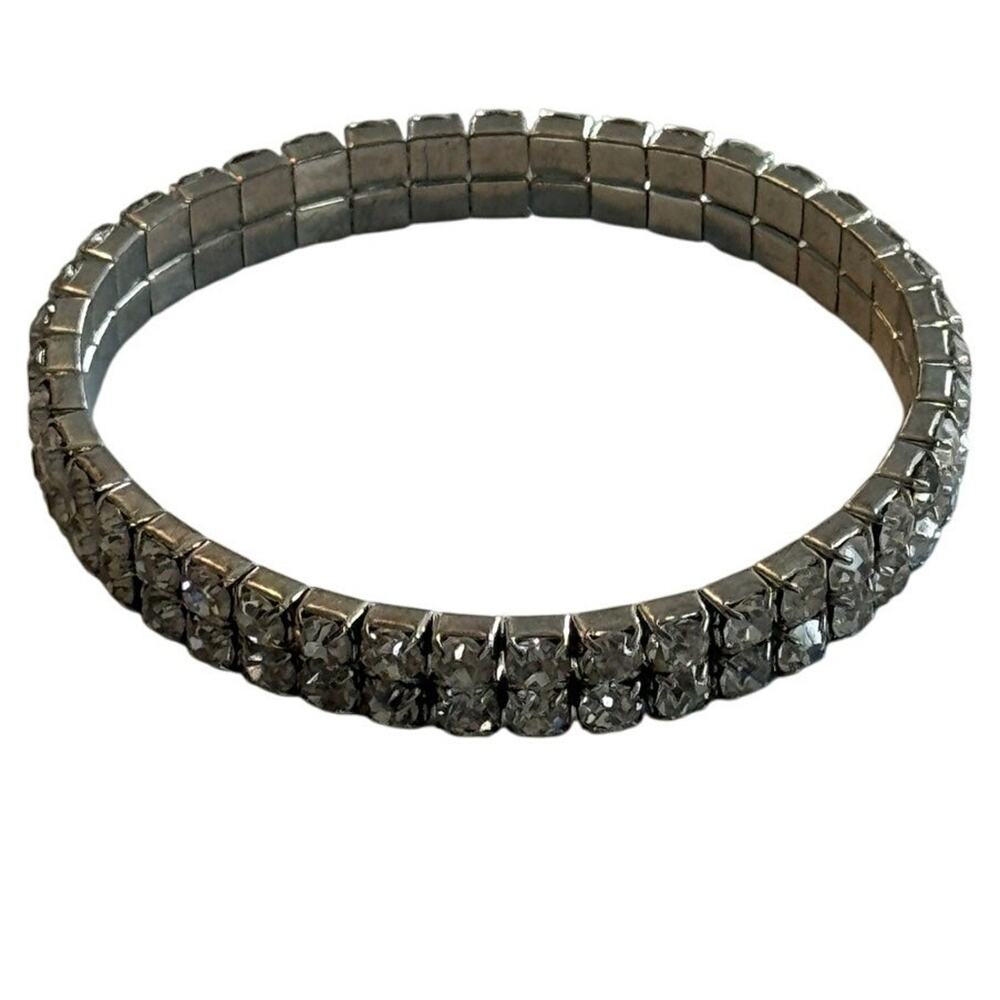 Vintage Stretch Bracelets Women’s 6 Inches Silver Tone Rhinestone Sparkly Glam